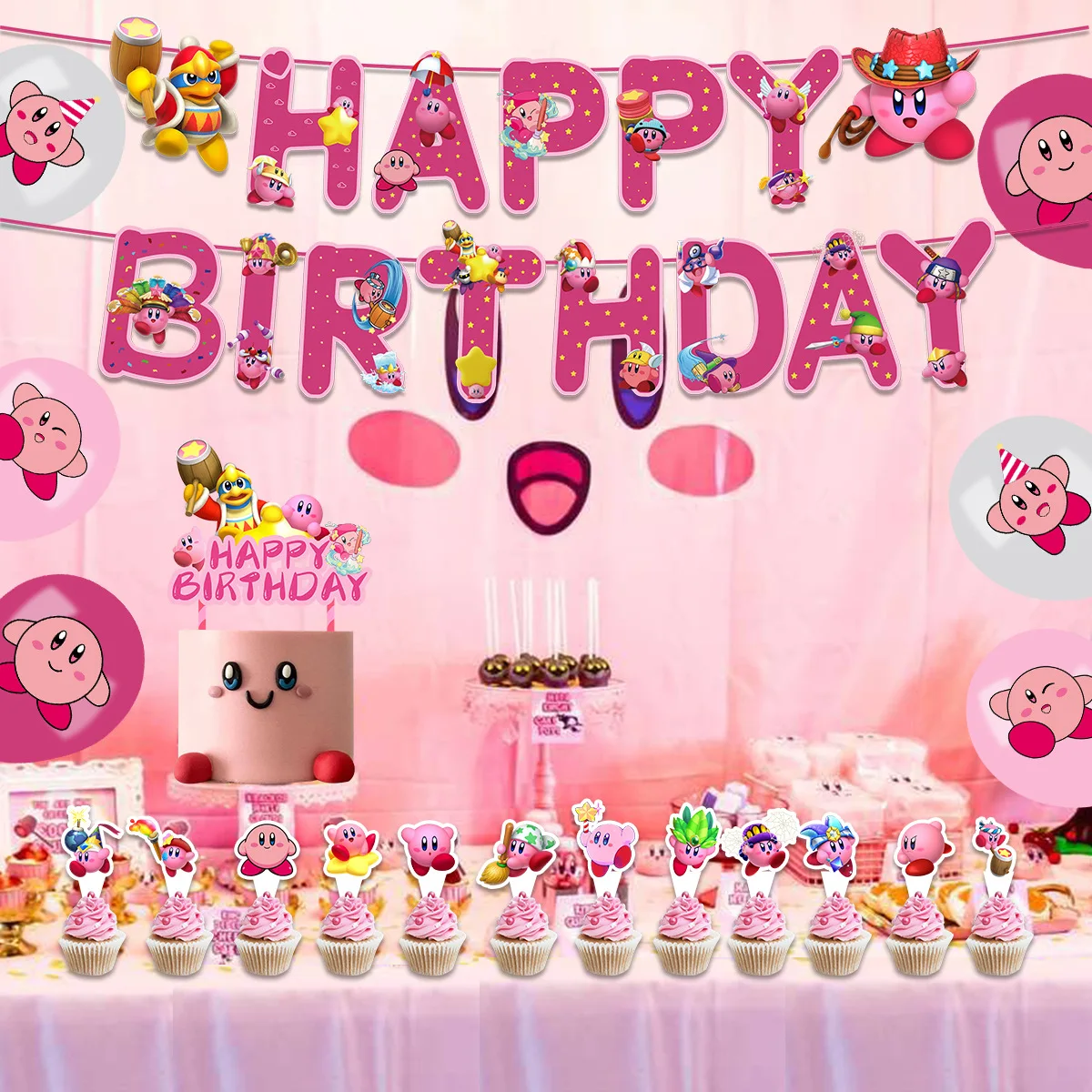Kirby Cute Cartoon Birthday Party Balloon Suit Banner Cake Topper Kawaii... - $10.82+