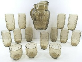 Anchor Hocking Madrid Brown Amber Pitcher Tumblers Set Vintage Barware Glasses  - £111.46 GBP