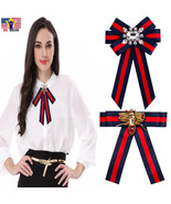 Women British Striped Charm Large Big Bow Tie Ribbon Bee Crystal Pins Br... - £7.23 GBP+