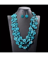 Wooden Women&#39;s Boho Necklace &amp; Earring Set Stretch 3 Layer Lake Blue Color - $29.76 CAD