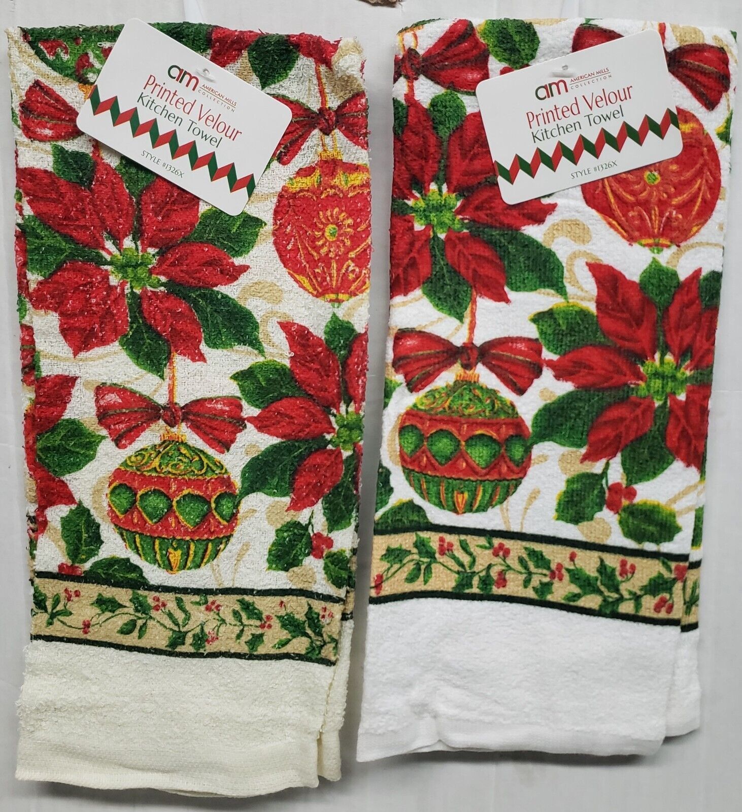 Primary image for Set of 2 Kitchen Towels(15x25")CHRISTMAS TREE ORNAMENTS &POINSETTIA FLOWERS#2,AM