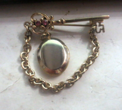 Vintage Gold Tone Lock &amp; Keys Photo Locket Pin Brooch Purple Amethyst stone - £14.51 GBP