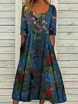 Full Button Front 3/4 Sleeve Blue Dress with Flowers &amp; Butterflies Dress... - $30.80 CAD
