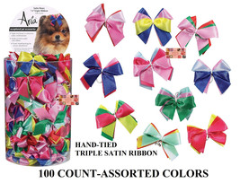 100 Hand-Tied PREMIUM TRIPLE SATIN RIBBON DOG HAIR BOWS w/Band Groomer G... - $34.99
