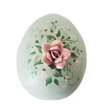 Vintage 3D Rose Flower egg Trinket Box Candy Dish ceramic green - £11.75 GBP