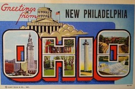 Greetings From New Philadelphia Ohio Large Big Letter Postcard Linen Unused OH - £6.83 GBP