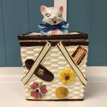 Vintage Fred Roberts Company Cookie Jar Kitty Cat in picnic basket ceram... - $68.16