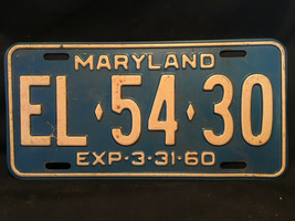 Old Vtg 1960 Maryland License Plate EL*54*30 Car Truck Van SUV Automobile - £31.81 GBP