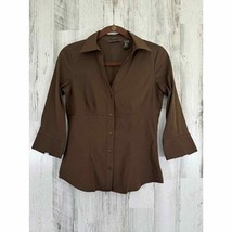 Hillard &amp; Hanson Womens Shirt Small Brown Fitted Stretch Button Up 3/4 Sleeve - £13.61 GBP