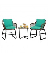 3 Pieces Patio Rattan Bistro Set Cushioned Chair Glass Table Deck-Turquo... - $4,330.04 MXN