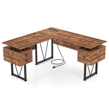 L-shaped Computer Desk with Power Outlets and 3 Storage Drawers-Rustic B... - $6,901.07 MXN