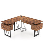 L-shaped Computer Desk with Power Outlets and 3 Storage Drawers-Rustic B... - $6,844.83 MXN