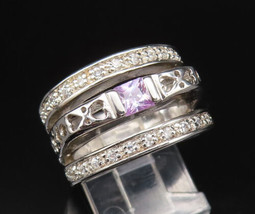 925 Silver - Vintage Purple &amp; White Cubic Zirconia Open Band Ring Sz 7 -... - £41.23 GBP
