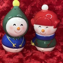 Vintage Christmas Sakt &amp; pepper Shakers Snow People Snowman Never Used N... - £9.02 GBP