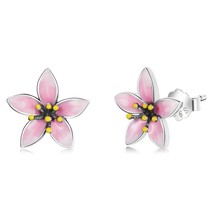 bamoer Genuine 925 Silver Elegant Enamel Pink Cherry Blossom Stud Earrings for W - £14.72 GBP