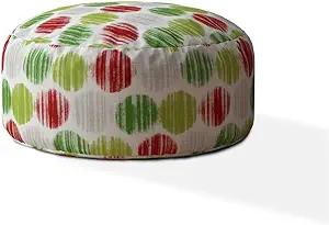 24&quot; White Green And Red Cotton Round Polka Dots Pouf Ottoman - $206.99