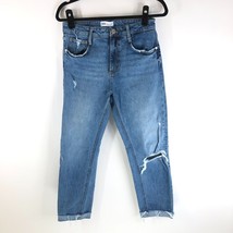 Zara Women&#39;s Medium Wash Distressed Raw Hem High Rise Ankle Crop Jeans S... - $14.49