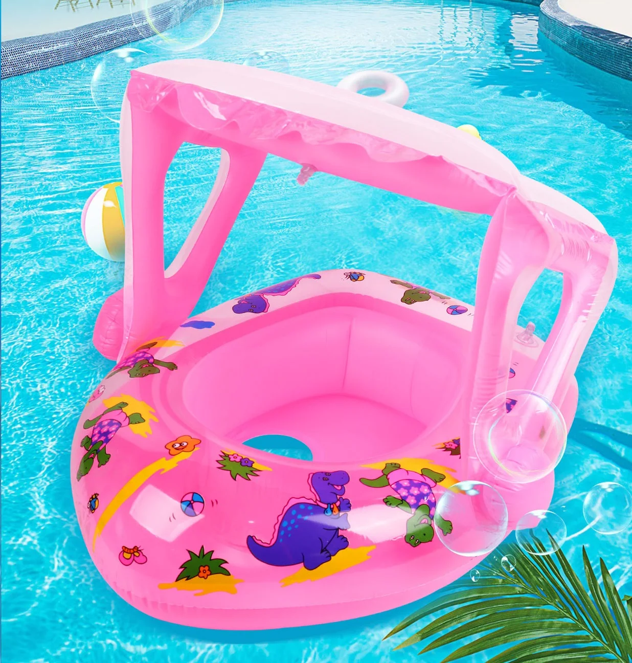 Inflatable Pool Float with Canopy Pink Swimming Ring with Seat Summer Water Toy - £57.54 GBP