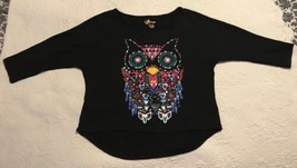 Copper Key Tween Girl&#39;s Sz. 10/12 Black Tribal Confetti Owl Stretch knit Top  - £10.83 GBP