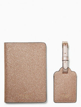 Kate Spade Travel Matching Set Glitter Rose Gold Passport Case Luggage Tag Boxed - £78.82 GBP