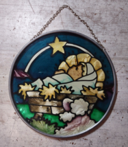 Vintage Stained Glass Painted Nativity Baby Jesus in Manger Suncatcher W... - $10.93