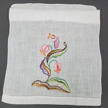 Vintage Tea Towel Hand Embroidery 13x18 Inch White Pink Purple Orange - £9.00 GBP