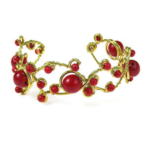 Open Swirls of Red Synthetic Coral and Brass Adjustable Cuff Bracelet - £10.75 GBP