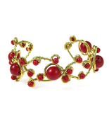 Open Swirls of Red Synthetic Coral and Brass Adjustable Cuff Bracelet - £10.69 GBP