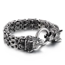 Double Royal Chain Wolf Bracelet Men Stainless Steel Punk Jewelry - £29.83 GBP