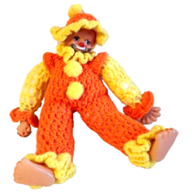 Vintage Crochet Orange Yellow Clown 13.5&quot; Doll Painted Nails - £11.87 GBP