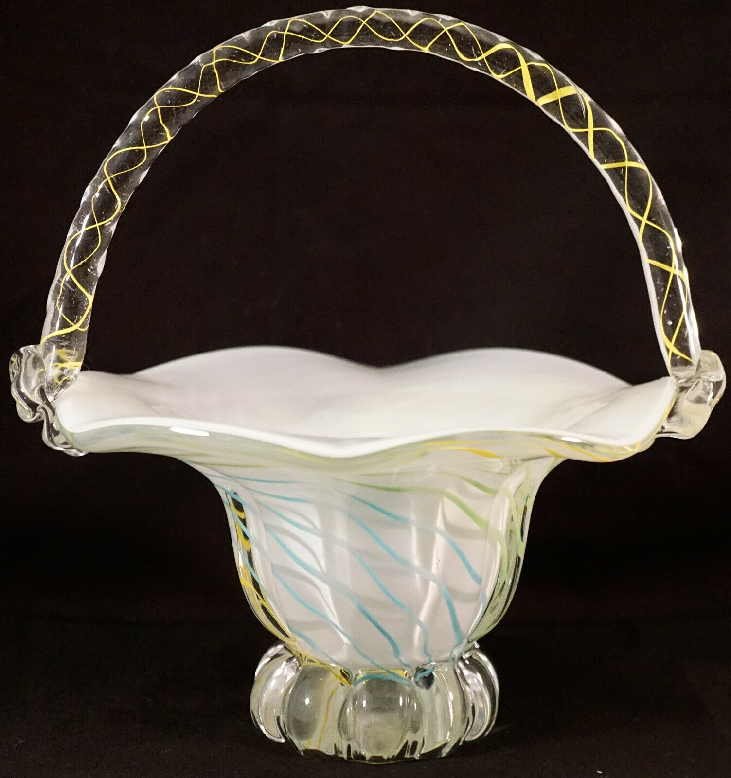 Murano Cased Glass Basket Spirals of Yellow Green & Blue Nice Art Glass - $29.99