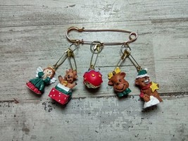 Vintage Safety Pin Mini Resin Ornament Christmas Brooch Angel Bear Reindeer - £6.61 GBP