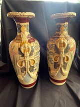 ANTIQUE SET of 2 VASES SAMURAI SATSUMA WARE MORIAGE HAND PAINTED / signed - £156.59 GBP