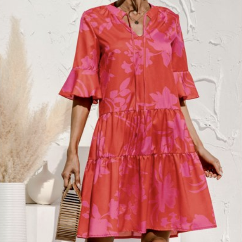 QINCAO Womens Size Med Loose Tiered Babydoll Ruffled Sleeve Dress ~ Coral & Pink