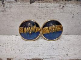 Vintage Gold Tone Paint Drip Shimmer Swirl Blue Purple Post Earrings Round - $10.85