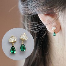 14K Gold Crown Emerald Drop Stud Earrings - S925 Silver, small, sparkle, green - £35.02 GBP