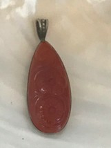 Estate Large Carved Rusty Red Glass Floral Teardrop in Nonmagnetic Silver Frame - £21.49 GBP