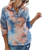 Women&#39; Tie Dye Print Long Sleeve Zipper Fleece Sweatshirt Fuzzy (Blue,SIze:L) - £19.63 GBP