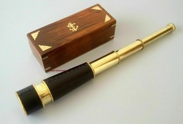 Maritime Nautical Brass Telescope/Leather 18&quot;     With Wooden Anchor Box   - £48.57 GBP
