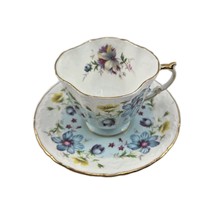 AYNSLEY Blue Floral Embossed Tea Cup and Saucer w Gold Trim England - $33.50