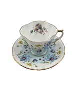 AYNSLEY Blue Floral Embossed Tea Cup and Saucer w Gold Trim England - $33.50