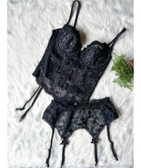 Vintage Victoria Secret Black Lace Corset Bustier &amp; Garter Set 36C Gold ... - €104,81 EUR