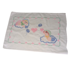 Vintage Small 16x12 Pillowcase Pastel Cute Babies Child Heart Bird Cross Stitch - £6.35 GBP