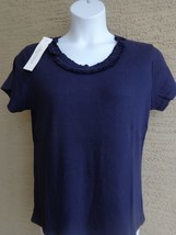  Being Casual Large  Ribbed Cotton Knit Ruffled Scoop Neck Tee Top Navy - £9.07 GBP