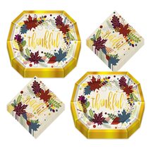 HOME &amp; HOOPLA Thanksgiving Colorful Leaves and Gold Trim Shaped Paper Dinner Pla - £14.07 GBP