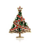 Green Cubic Zirconia &amp; 18K Gold-Plated Christmas Tree Brooch - £11.01 GBP