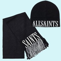 All Saints Hat &amp; Scarf Set Black White Wool Blend Beanie Fringe Streetwear - £121.64 GBP