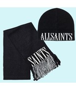 All Saints Hat &amp; Scarf Set Black White Wool Blend Beanie Fringe Streetwear - $151.70