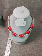 Stella and Dot Gold Tone Red Cabochon and Blue Rhinestone Bib Necklace 18&quot;+ Ext. - £12.90 GBP