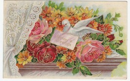 Vintage Postcard Birthday Dove Lace Curtains Colorful Flowers 1908 - £7.08 GBP
